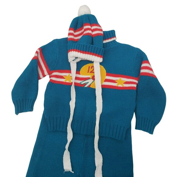 Vintage Let Kids Teal Knit Football Knit Sweater Pants Beanie Hat 70s Retro 24M - Picture 11 of 15